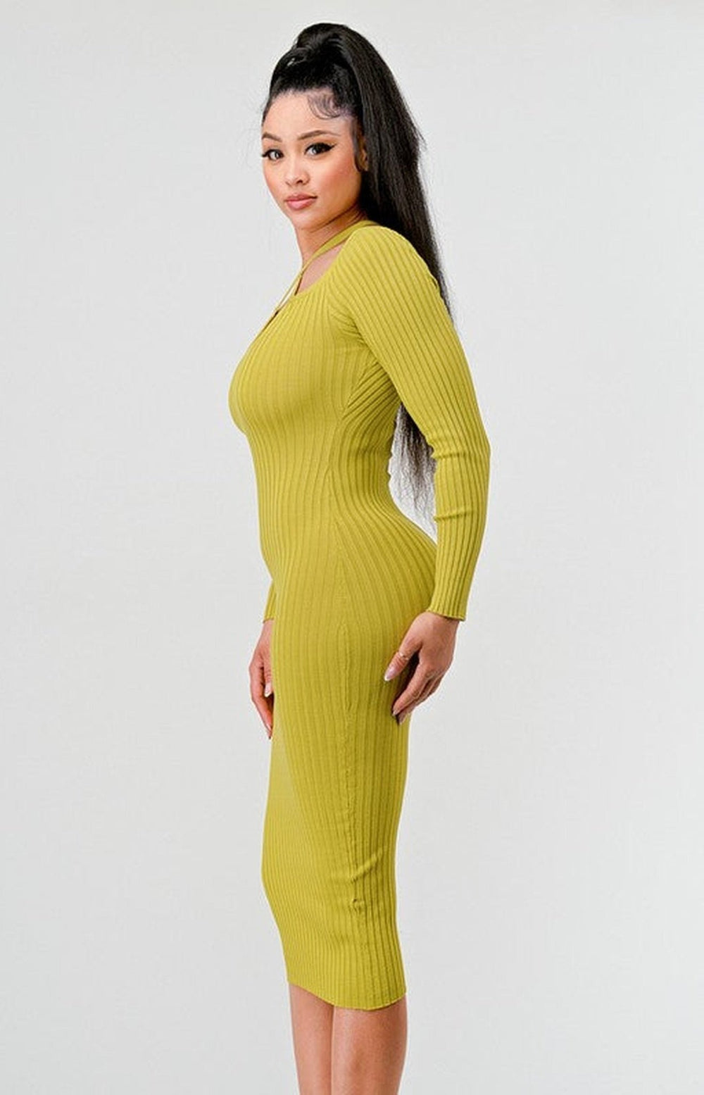 Knit Long sleeve Bodycon Midi Dress - Citron - Fashion Elixir