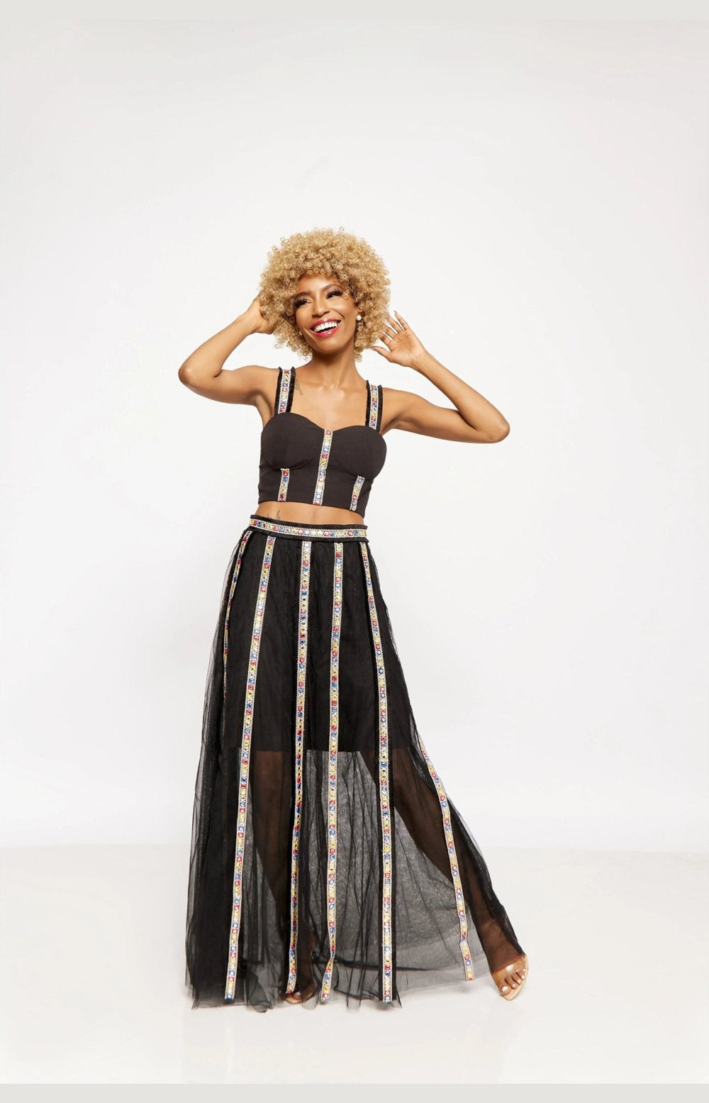 Black Embroidered Crop Top Set - Fashion Elixir