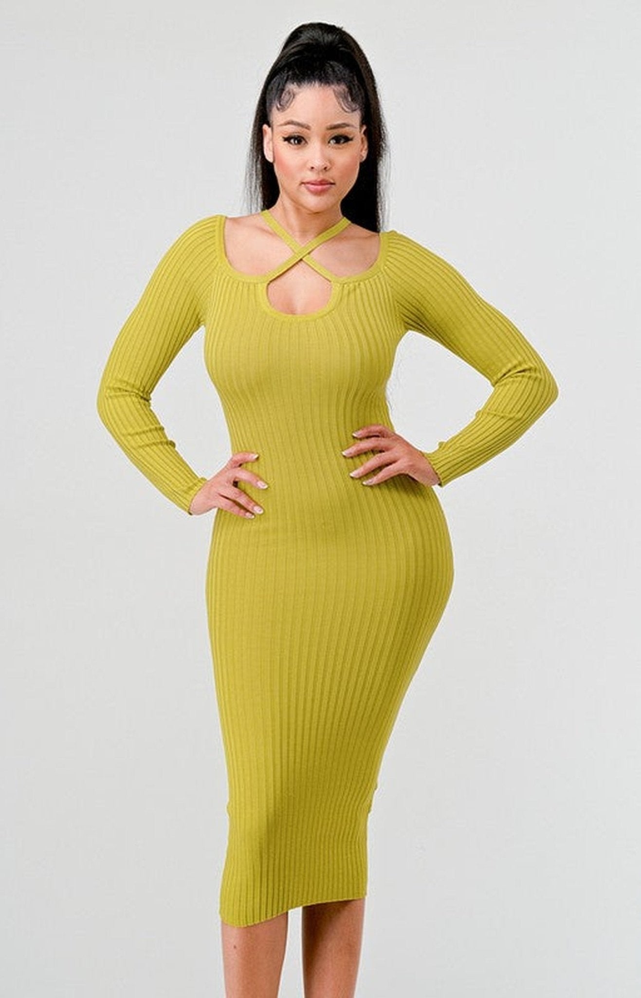 Knit Long sleeve Bodycon Midi Dress - Citron - Fashion Elixir